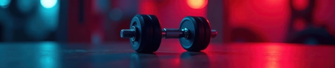 Fototapeta premium Black dumbbell sharp focus, blurred red blue backdrop , muscle building, workout