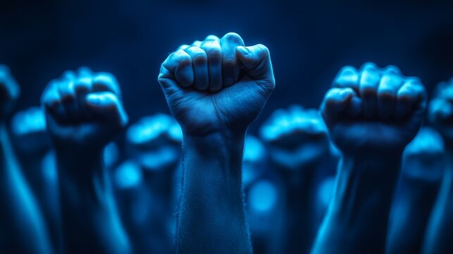 Fists are thrust upward in unity, symbolizing strength during a poignant movement for justice