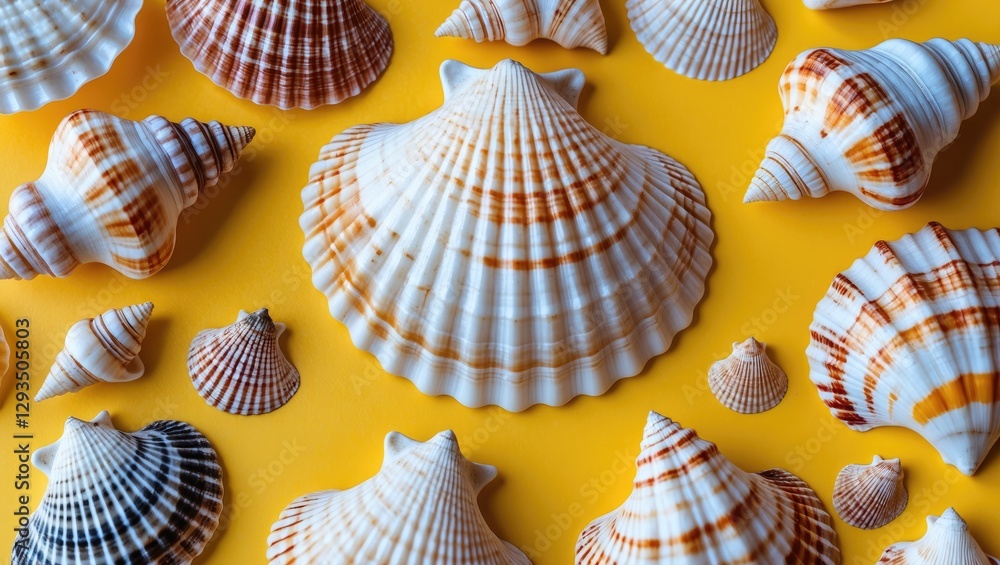 Poster Seashells arranged on vibrant yellow background showcasing textures and patterns in a top view composition ideal for marine-themed designs