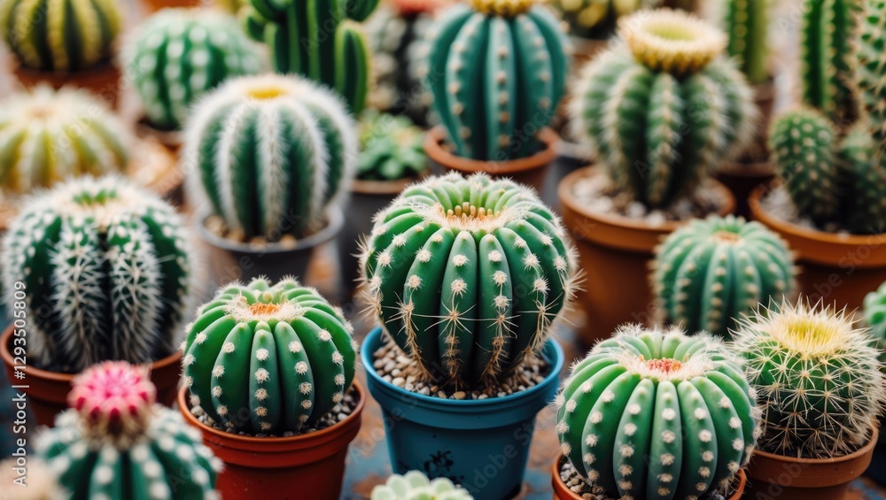 Poster vibrant still life of various cacti in vintage pots capturing the texture and beauty of desert plant