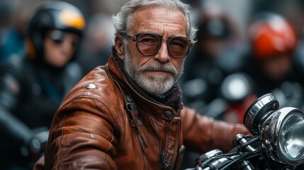 Fototapeta premium A confident biker in leather stands out at a lively motorcycle gathering