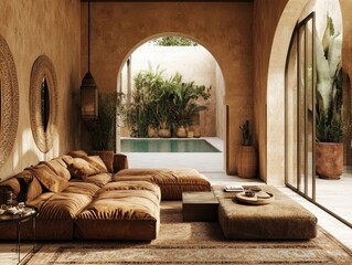 A living room with a tan couch and a coffee table. The couch is covered in pillows and the coffee table has a bowl on it. There is a potted plant in the room and a window with a view of a pool