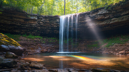 Serene waterfall cascading into a rocky pool with a rainbow calm wild rocks green fresh rocks trees