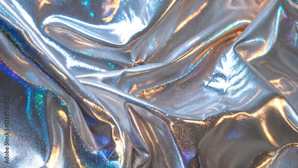Aufkleber Silver holographic foil texture with flowing drapery and shimmering highlights suitable for creative backgrounds and design projects.