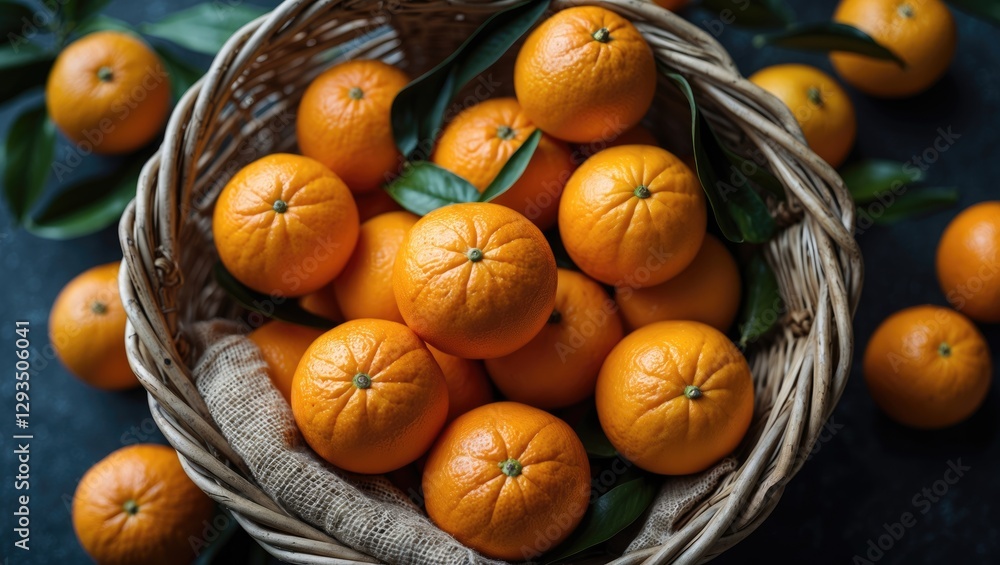 Poster fresh oranges in a woven basket with green leaves and space for text overlay in the background