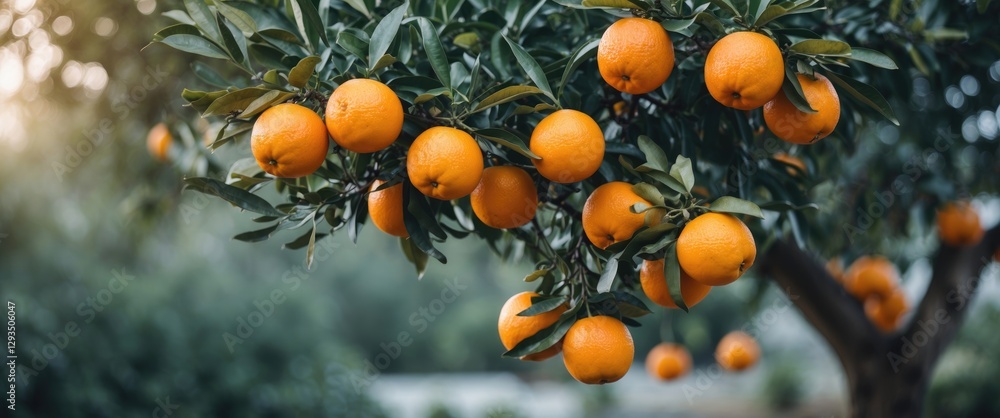 Aufkleber fresh oranges hanging from tree branches in lush garden with soft natural light and space for text o