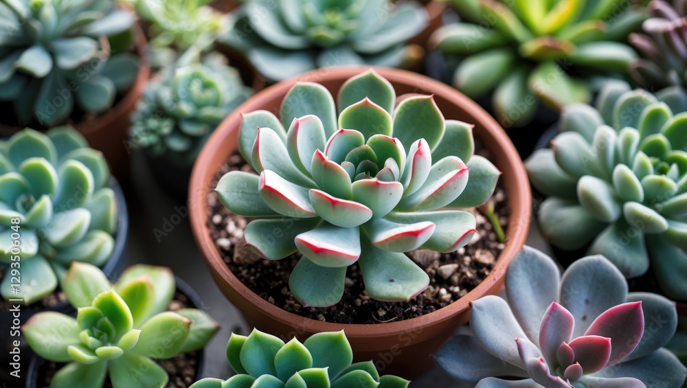 Poster aeonium kiwi rosette surrounded by various succulent plants in decorative pots creating a vibrant gr