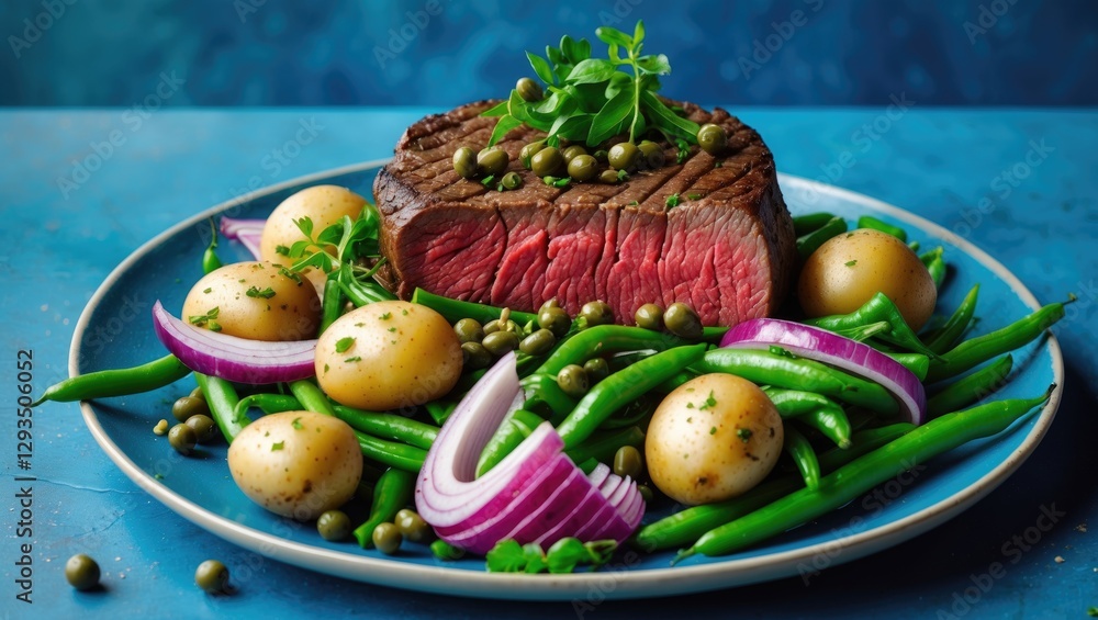 Poster healthy beef steak salad with capers, boiled potatoes, green beans and red onions on a blue backgrou