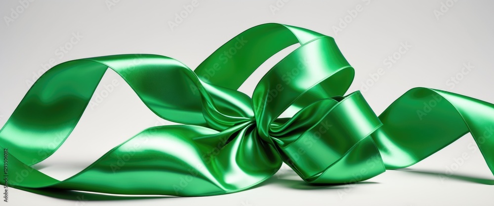 Poster satin green ribbon elegantly twisted and tied into a bow on a neutral background for festive decorat