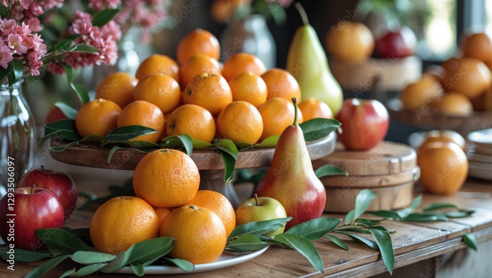 Poster fresh assorted fruits display with oranges pears and apples on rustic tables for catering and event 