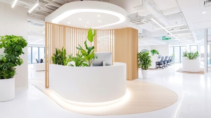 Fototapeta premium Modern Biophilic Office with Lush Greenery, Natural Materials, Organic Shapes, Calming Atmosphere, Open Layout, Integrating Nature for Enhanced Wellbeing