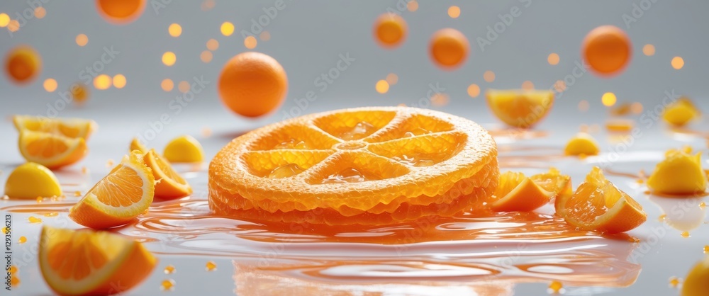 Aufkleber vibrant orange wafer surrounded by fresh citrus slices and playful floating oranges on a glossy whit