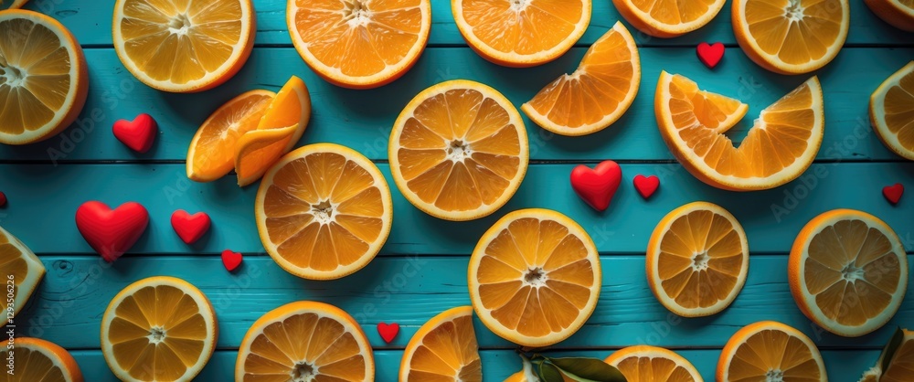 Poster vibrant orange slices arranged on a turquoise wooden surface with red heart decorations creating a f