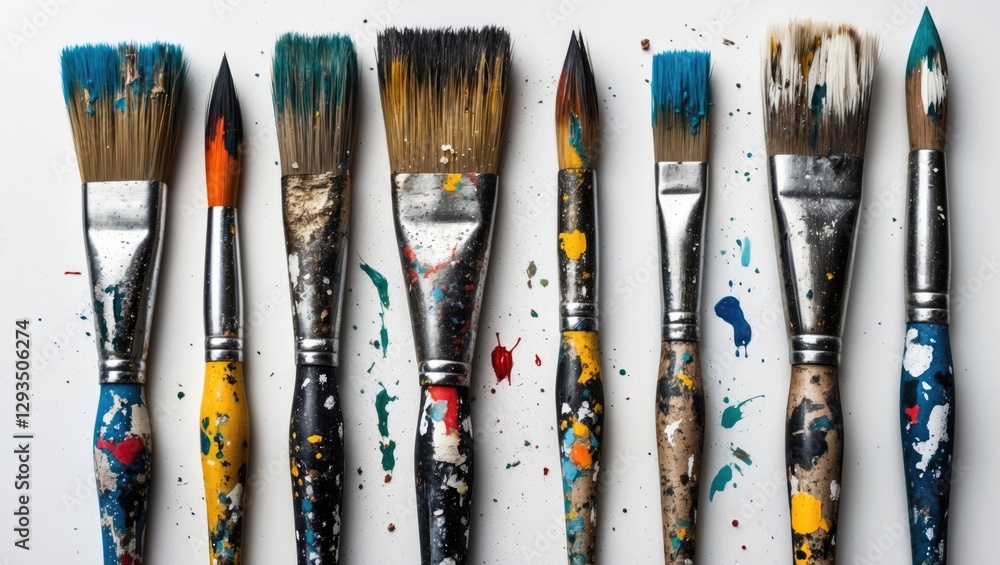 Poster set of used and dirty artist paintbrushes arranged on a white background showcasing vibrant paint sp