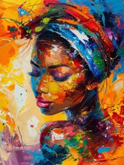 Obraz premium Vibrant portrait of a woman with colorful brush strokes showcasing emotions and beauty