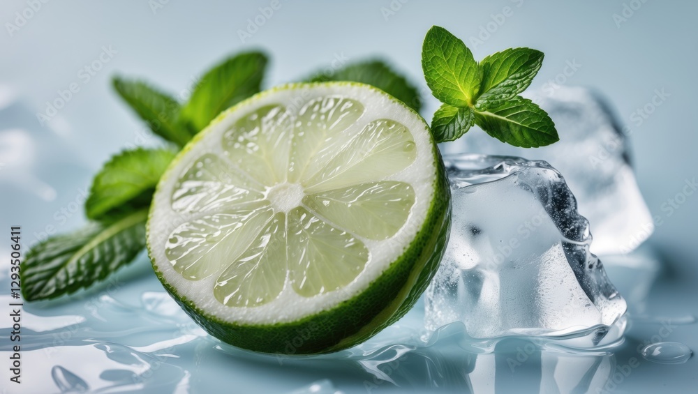 Poster Fresh lime wedge with ice cubes and mint leaves on a pale background showcasing refreshing elements with space for text or branding.