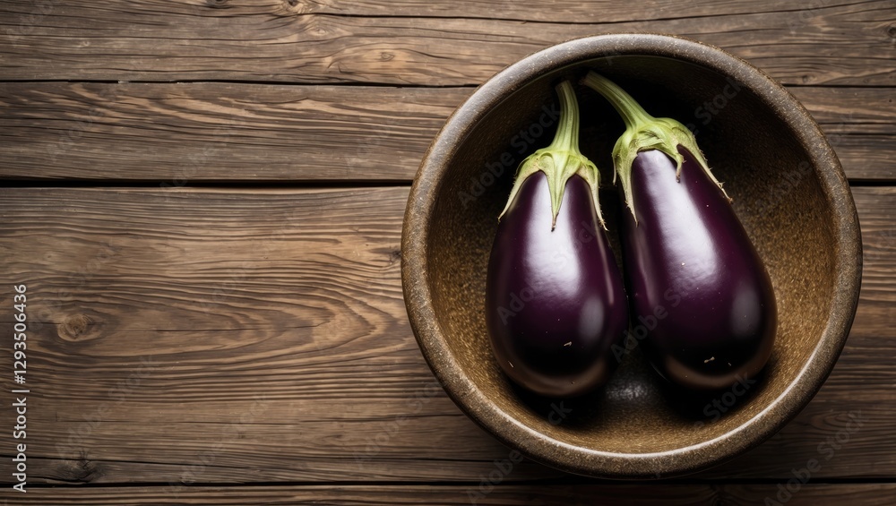 Poster fresh eggplants nestled in rustic bowl on textured wooden surface vertical composition
