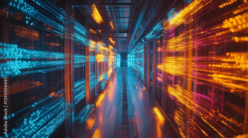 Aufkleber futuristic data center with glowing blue and orange lights, reflecting digital speed and technology.