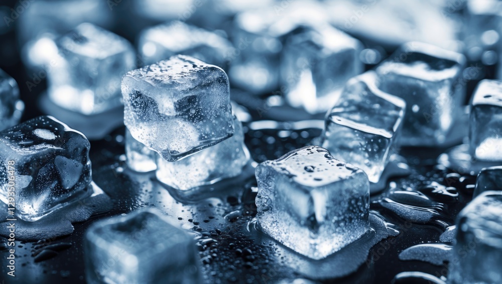 Aufkleber close-up of glistening ice cubes in a bucket with droplets showcasing texture and clarity on a dark 