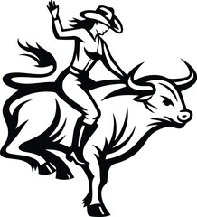 Cute cowgirl riding a bull silhouette vector illustration, cowgirl riding a bull line art vector, cowgirl riding a bull isolated vector icon design