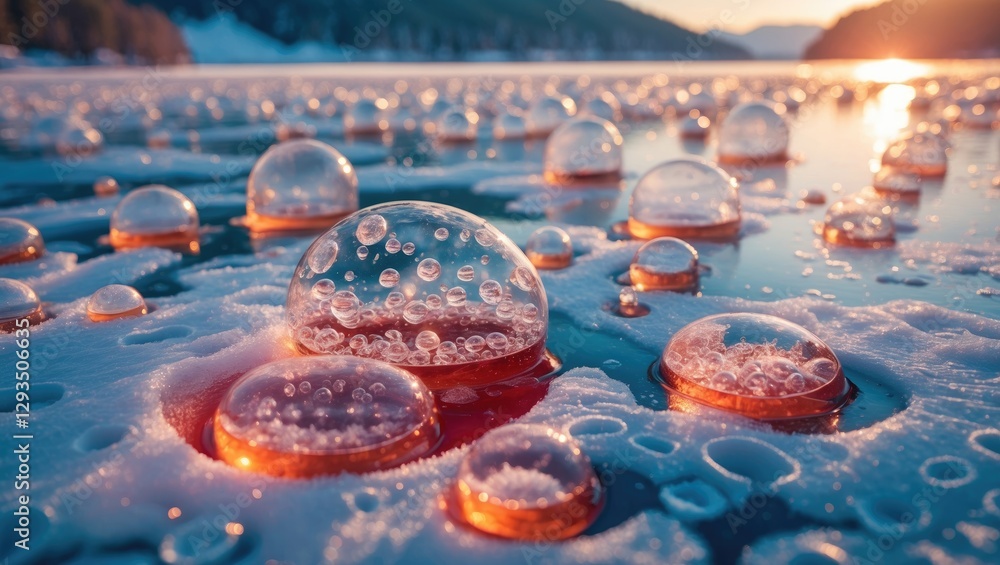 Poster Frozen gas bubbles captured in ice on Lake Tisza showcasing unique shapes and patterns in a serene winter landscape.