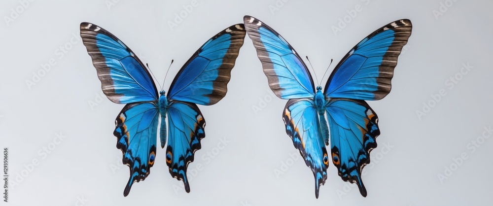 Poster two vibrant blue tropical butterflies with wings fully spread, showcasing intricate patterns, isolat