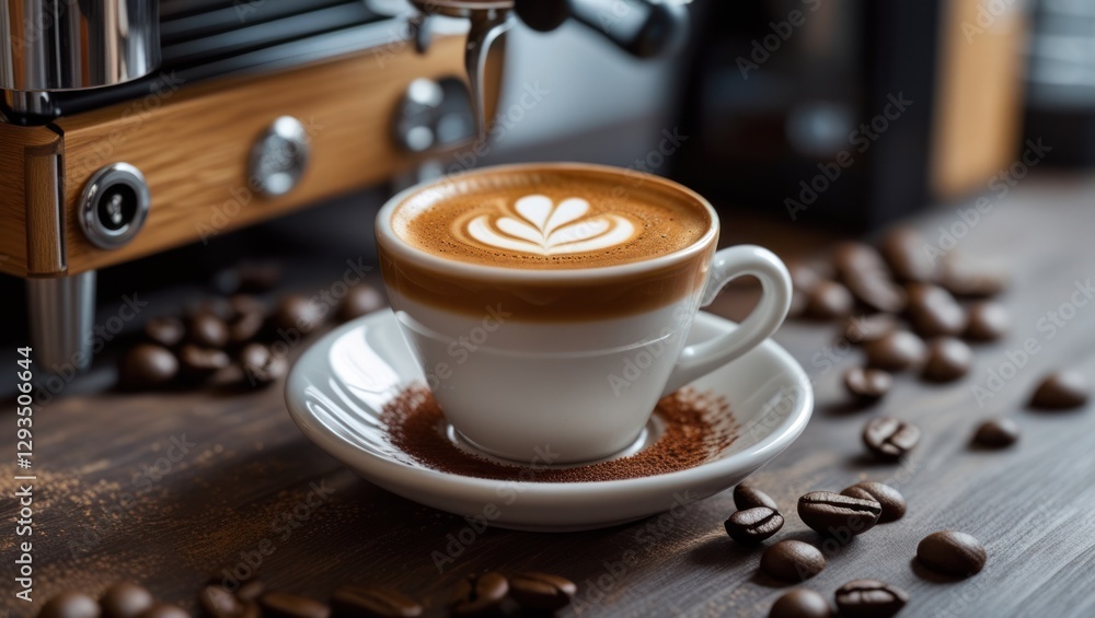 Poster Espresso coffee cup with latte art beside coffee beans and espresso machine on wooden table in a cozy cafe setting