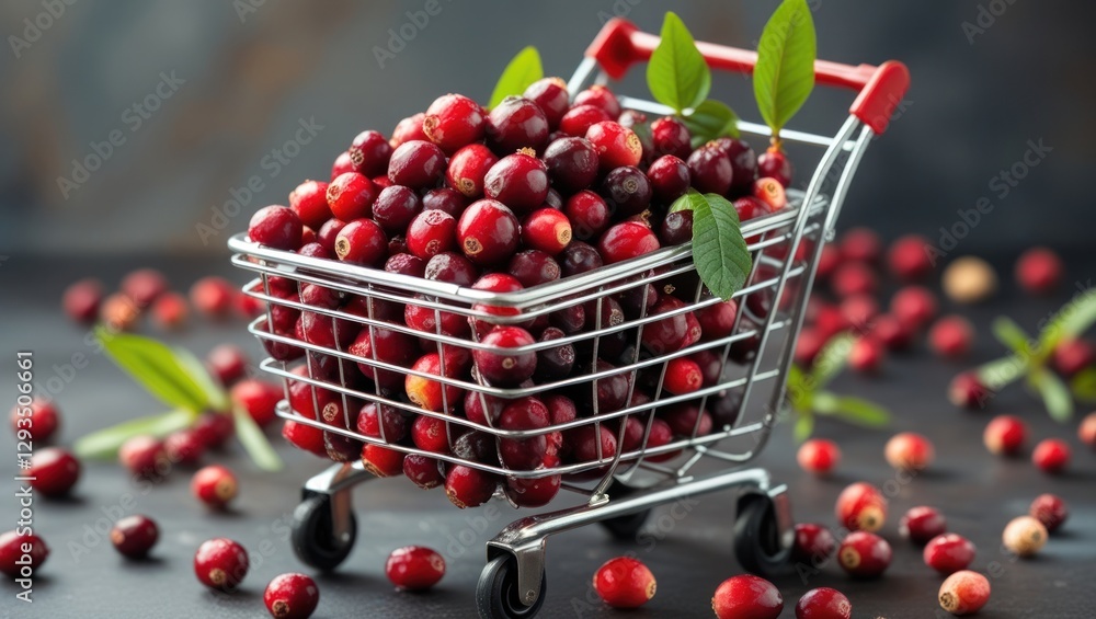 Poster shopping cart filled with fresh ripe cranberries with green leaves on dark background showcasing hea