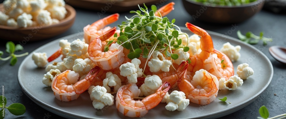 Poster shrimp popcorn garnished with microgreens on a stylish plate ideal for food menus or culinary presen