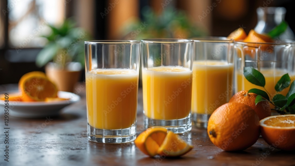 Poster freshly squeezed orange juice in glasses on a rustic table with oranges and green plants creating a 