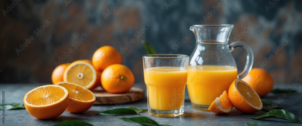 Poster freshly squeezed orange juice in a glass and jug surrounded by oranges with empty copy space for tex