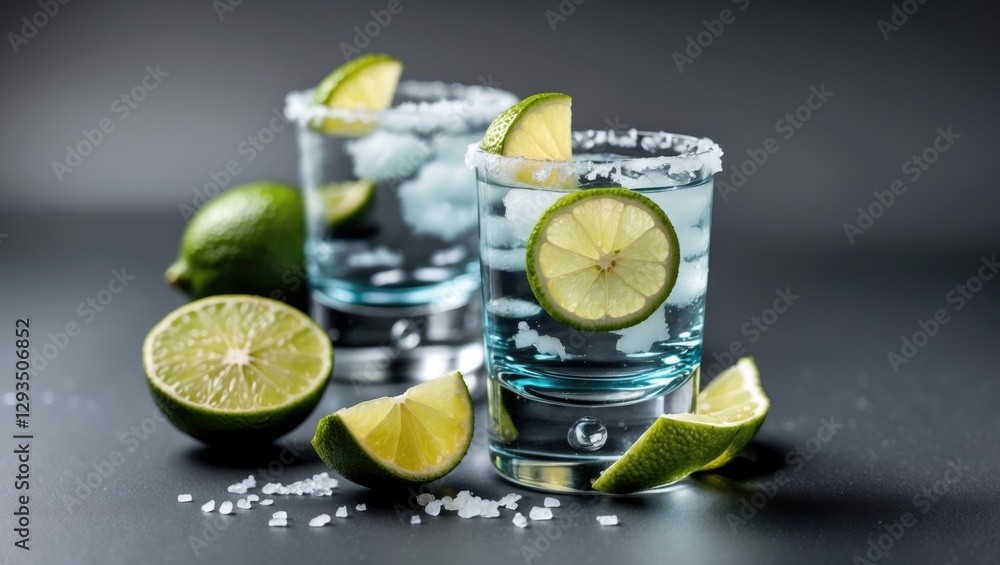 Poster Tequila Shots with Lime and Salt Garnish Arranged on a Dark Surface with Fresh Lime Halves and Sea Salt for a Refreshing Beverage Experience