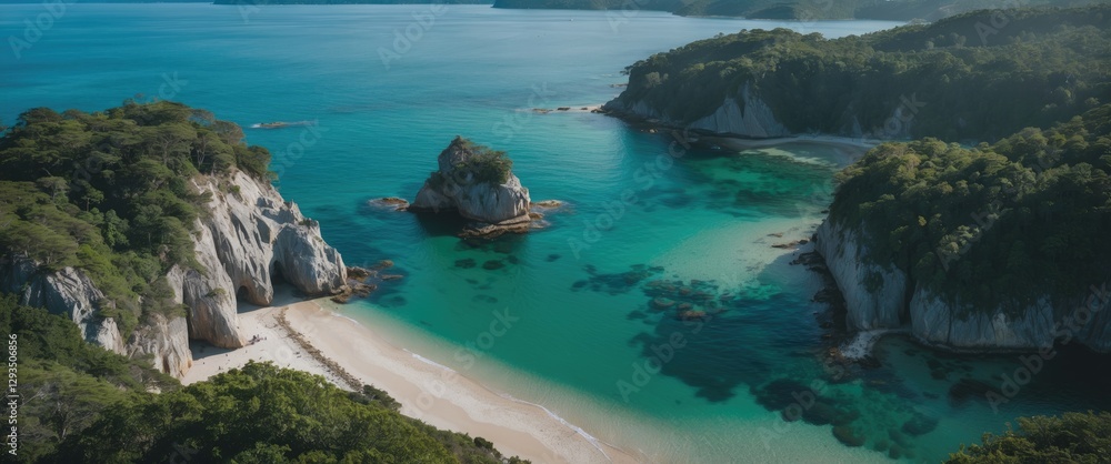 Poster Aerial View of Secret Bay with Lush Green Cliffs and Clear Turquoise Water Ideal for Text Overlay in Travel and Nature Themes