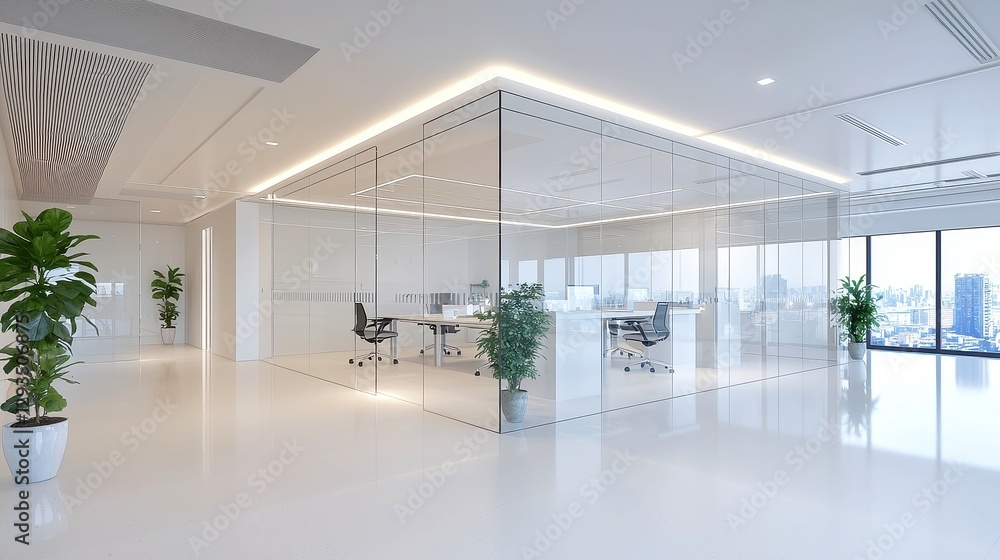 Poster modern office with glass partitions, an open yet structured workspace blending transparency and priv