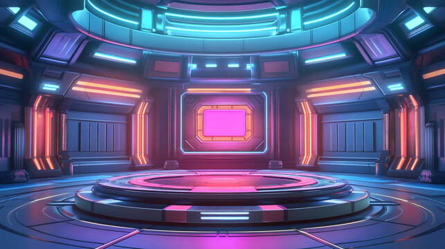 Futuristic neon room interior design with circular platform stage fi 3d sci art pink blue glow space