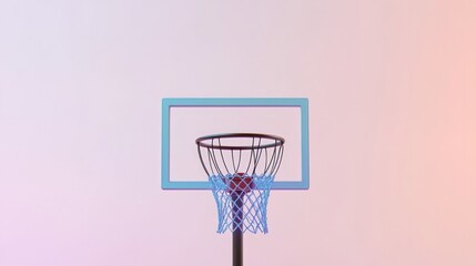 Basketball hoop stands against soft gradient background, highlig