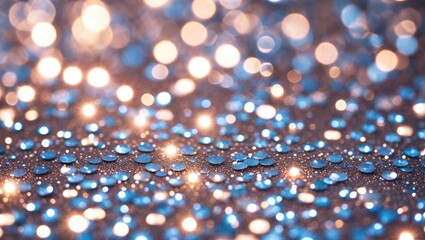 Blue glitter texture background with bokeh lights creating a shimmering effect ideal for festive themes or artistic designs.