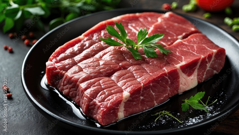 Poster raw beef steak presented on a black dish garnished with fresh herbs showcasing its rich color and te