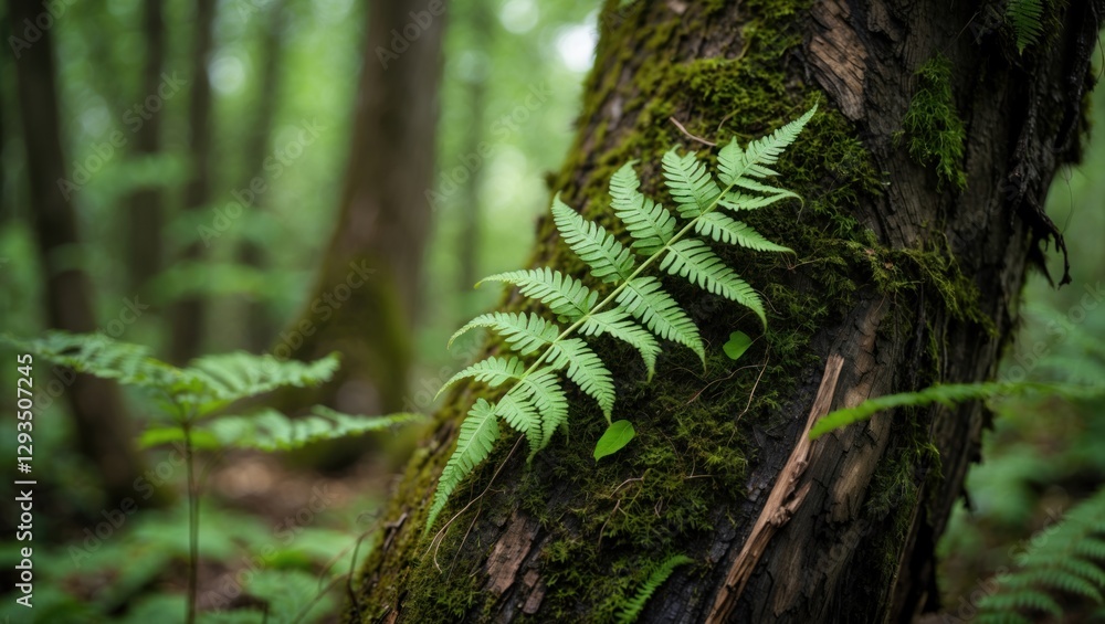 Poster lush green fern leaves resting on a moss-covered tree trunk in a tranquil forest environment showcas