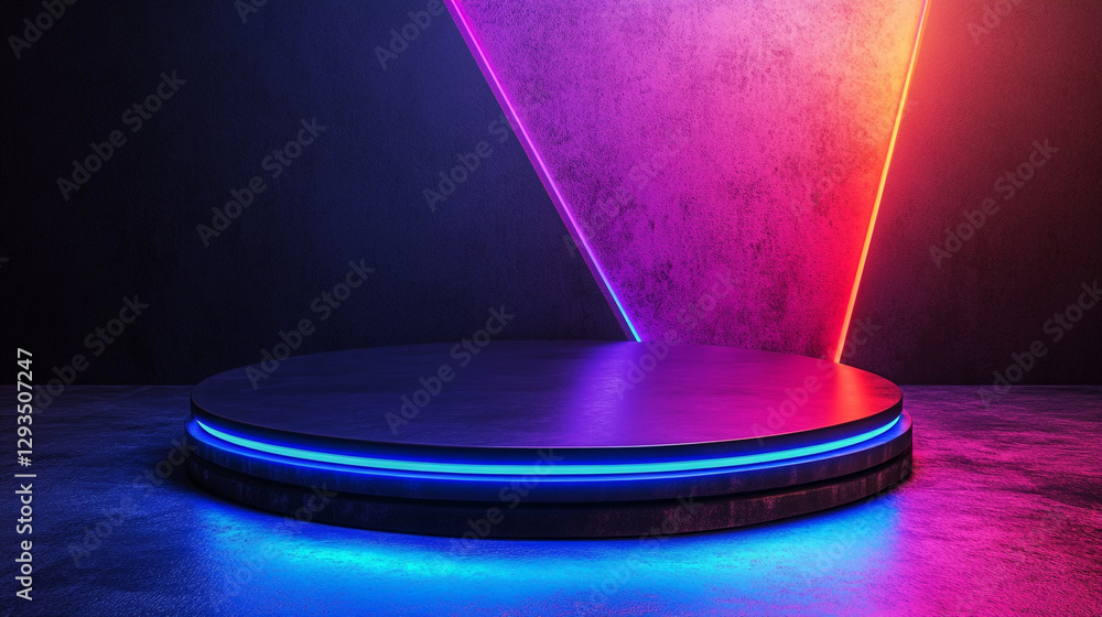 Aufkleber abstract neon background with glowing circular platform for product display and modern design red