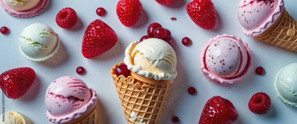 Poster assorted colorful ice cream cones with fresh berries on white background ideal for summer desserts a
