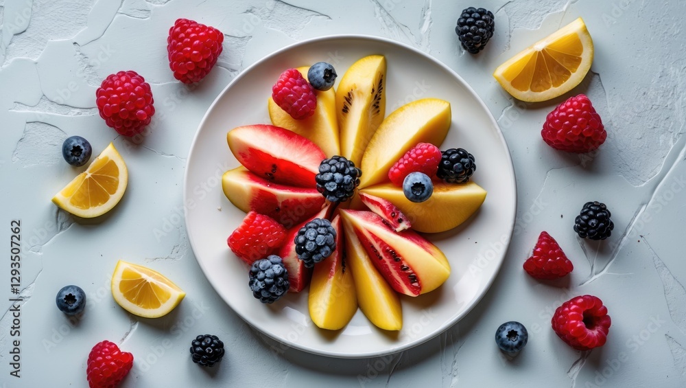Poster Assorted Sliced Fruits on a White Plate with Berries and Lemon Slices Healthy Dessert Concept Table Setting with Copy Space