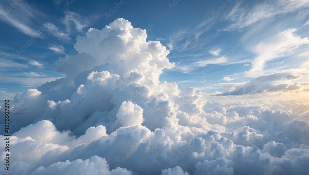Poster majestic fluffy white clouds against a serene blue sky creating a tranquil and uplifting atmosphere 