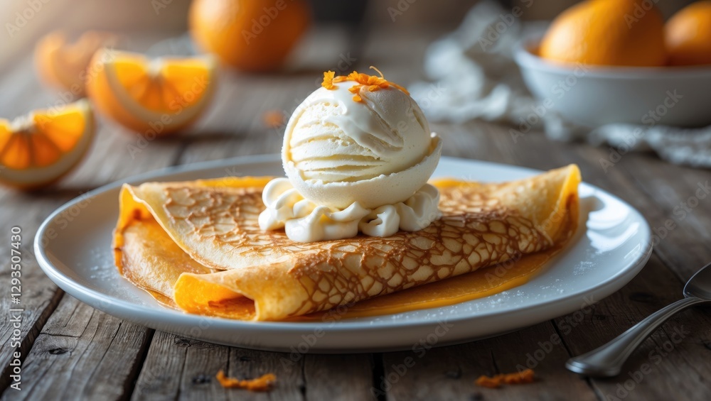 Poster delicious orange crepe topped with vanilla ice cream and whipped cream on rustic wooden table with e