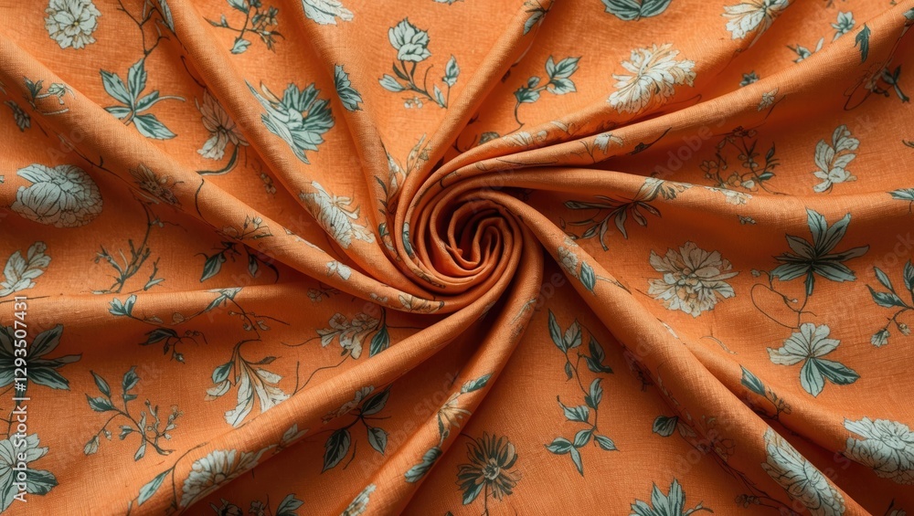 Poster floral pattern on orange fabric displaying intricate details and soft texture ideal for textile desi