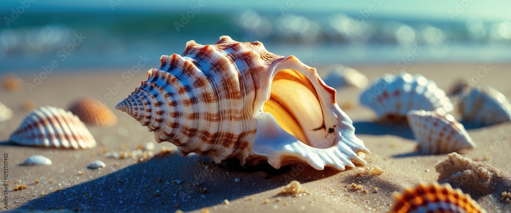 Aufkleber Seashell on sandy beach with ocean waves in the background capturing tranquil coastal nature and summer vibes.