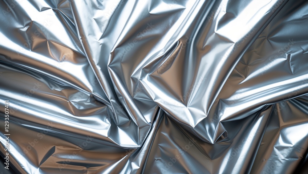 Poster Wrinkled silver foil texture background with shiny reflective surface for creative design and artistic applications