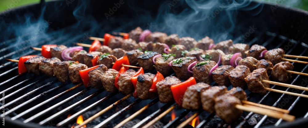 Poster grilled meat kebabs on skewers with colorful vegetables and smoke rising from a charcoal bbq grill