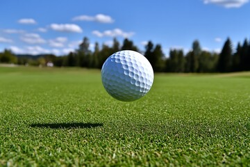 Fototapeta premium Golf ball hovering, green course, sunny day