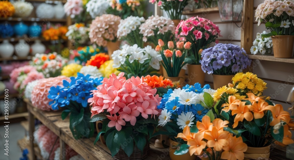 Poster vibrant display of colorful artificial flowers in a charming shop, showcasing a variety of styles an